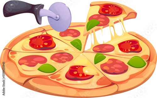 Cartoon pizza with melted cheese, pepperoni slices and fresh basil cut with a pizza cutter. Cook food cooking process. Hot slice being lifted with gooey cheese strings. Vector isolated Italian pizza
