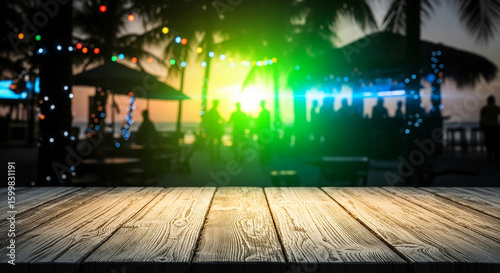Wooden table top set against a serene beach scene illuminated by moonlight at night.