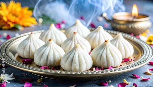 Traditional Modak Sweets Offered on Brass Plate for Ganesh Sankashti Festival