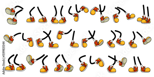 Cartoon mascot legs and foots. Vector set with playful pairs of cartoon legs in orange retro shoes performing varied movements and poses of character for animations or comic personage construction kit