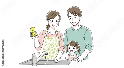 Family washing dishes together at home in cozy kitchen setting  