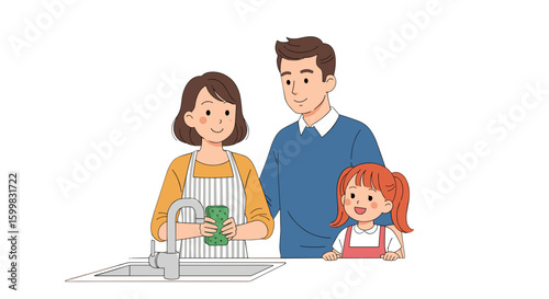 Family washing dishes together at kitchen sink in a cheerful setting  