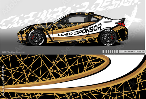 Car Wrap Design. Vector car livery sticker in black, gold and white . Full-body car sticker suitable for racing, rallying, and everyday use.