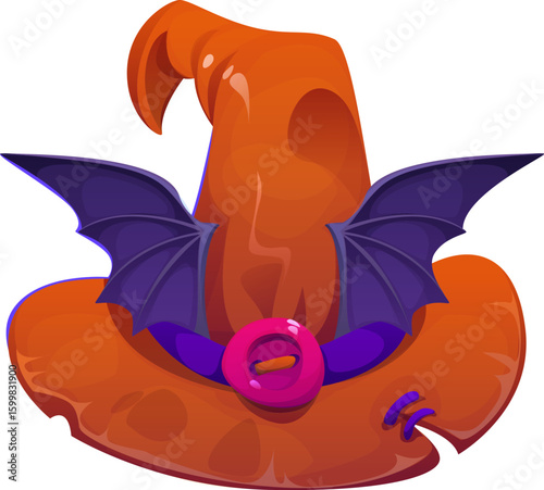 Halloween witch hat or wizard cap with bat wings and button, cartoon vector. Halloween holiday witch hat or warlock and hag old cone cap with purple stitch for horror night holiday or fairy tale magic