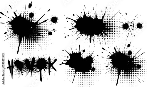 Black ink splatters and halftone dots abstract design drips