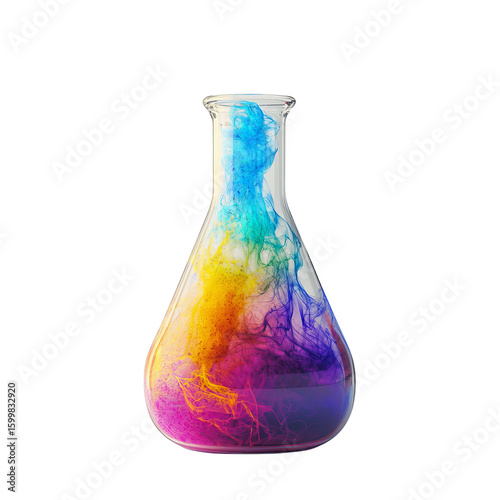 Colorful ink dissolves in liquid inside a laboratory flask, isolated on transparent background