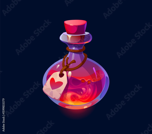 Love spell magic potion bottle or elixir of Halloween holiday, cartoon vector. Witch poison or love potion with heart label tag and red liquid substance in glass for Halloween alchemy or wizard elixir