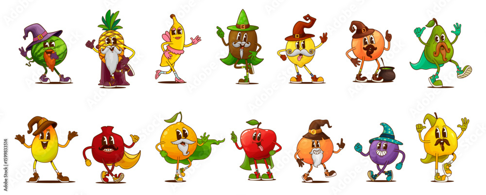 Obraz premium Groovy fruit Halloween wizard and sorcerer characters, vector berry personages. Cartoon retro groovy apple, orange, watermelon and pineapple, hippie banana, lemon and peach fruits with magic hats