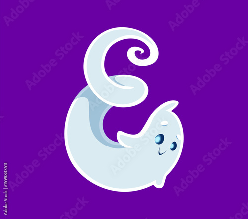 Halloween font E letter ghost cartoon cheerful character. Horror phantom personage typeset element, Halloween ghost font or spooky creature character latin alphabet vector symbol. English ABC letter