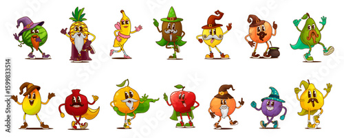Groovy fruit Halloween wizard and sorcerer characters, vector berry personages. Cartoon retro groovy apple, orange, watermelon and pineapple, hippie banana, lemon and peach fruits with magic hats