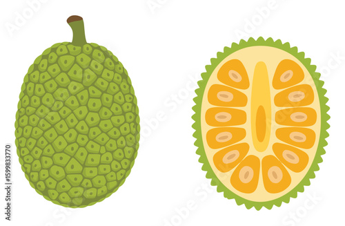Green spiky fruit whole and sliced showing yellow pulp and seeds food tropical