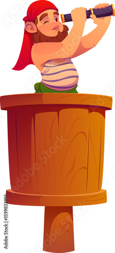 Cartoon pirate ship crew sailor character in a wooden crow nest looking through a spyglass. Isolated vector Bearded corsair maritime personage with red bandana and striped shirt scanning the horizon