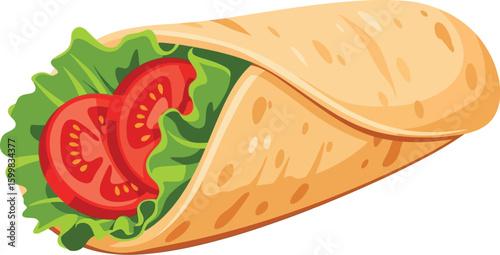 A delicious wrap illustration showcases fresh lettuce and sliced tomatoes nestled in a soft tortilla, perfect for representing healthy eating and fast food options.