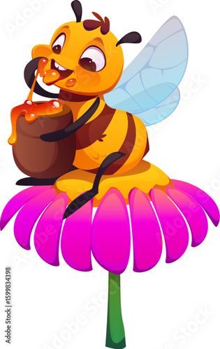 Cartoon cute bee character eating honey. Honey bee insect funny isolated vector character, apiary farm bug baby happy personage. Funny honeybee sitting of flower, eating honey from jar with hand