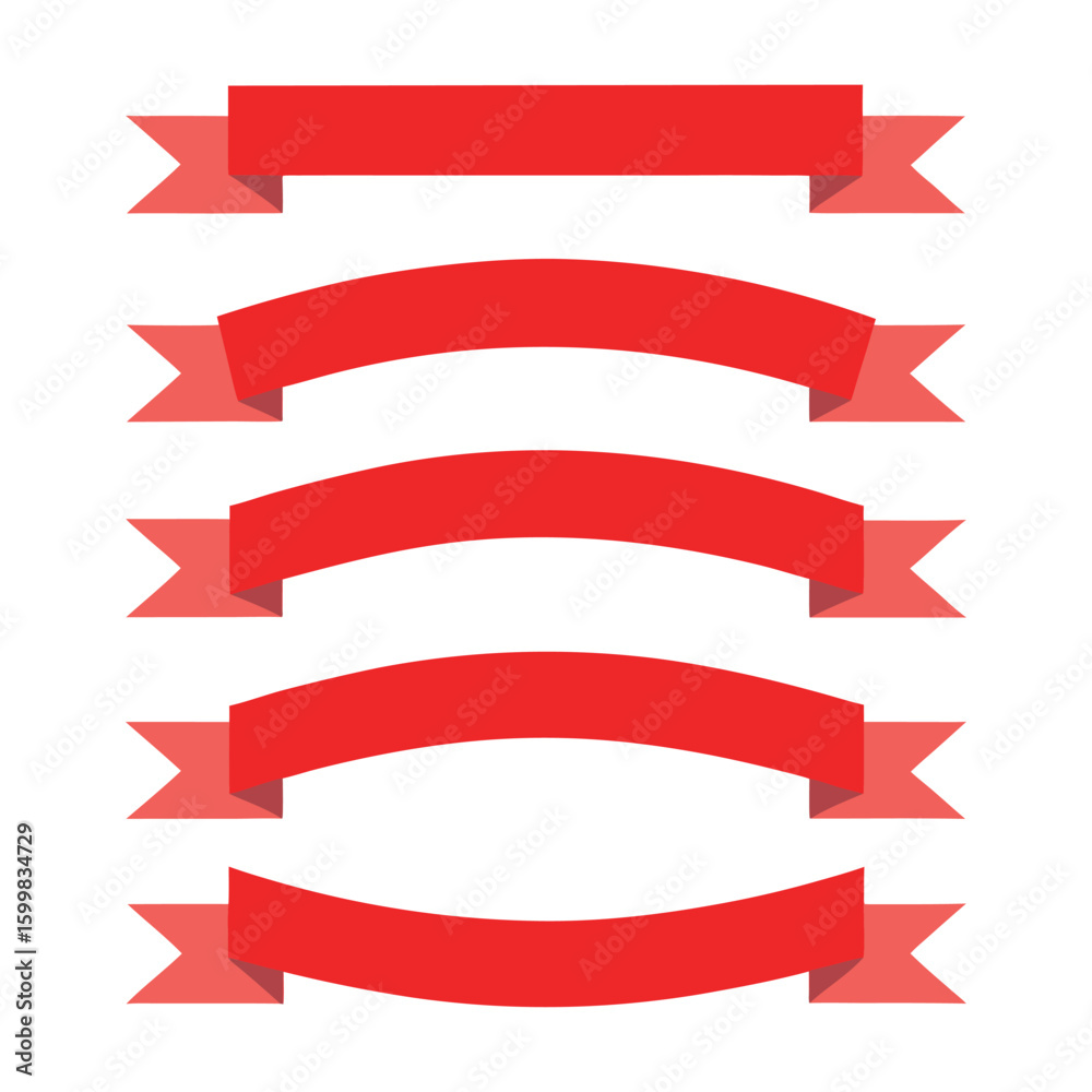 Five Red Ribbon Banners with Different Curves on White Background vector Five Red Ribbon Banners with Different Curves on White Background vector