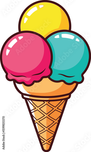 Cartoon ice cream cone with three scoops of different flavors, including yellow, pink, and blue, perfect for summer treats and dessert illustrations, isolated for easy use.