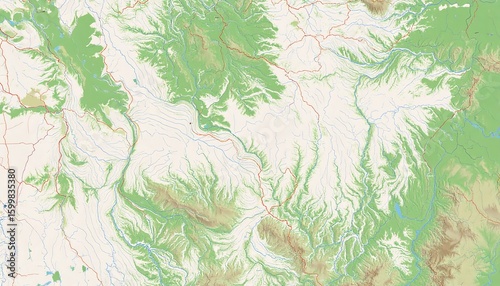 Topographic map of a mountainous region.  Rivers and valleys are highlighted