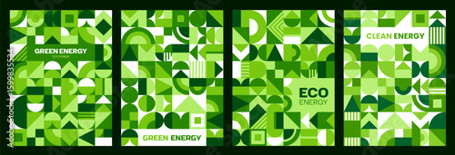 Green energy posters with geometric pattern. Ecology banners about clean power and sustainability. Environmental awareness with modern modular mosaic pattern. Vector cover or layout vertical templates