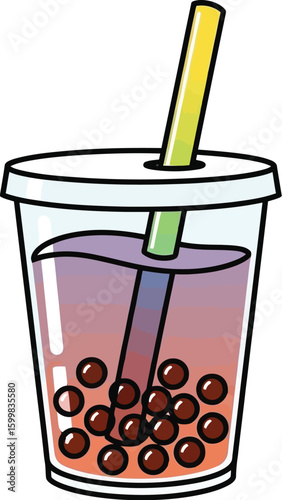 A delightful cartoon illustration showcases a refreshing bubble tea drink in a clear plastic cup with a straw, featuring tapioca pearls and a gradient purple beverage.