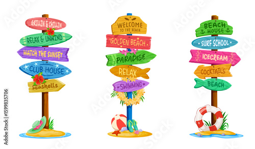 Summer beach wooden signboard, vacation sign board signage. Cartoon vector tropical signposts with fun holiday themed directions, decorated with flowers, flip flops, balls and seaside accessories