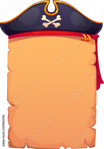 Vintage medieval manuscript scroll paper with pirate tricorn hat and red bandana. Cartoon blank parchment paper with captain cap adorned with crossbones. Vector banner for treasure map or invitation