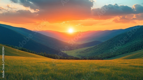 Majestic mountain sunset over a vibrant meadow