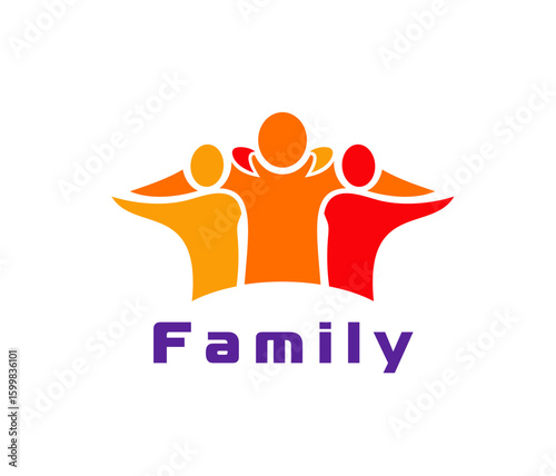 Family icon featuring three figures in orange, yellow and red tones embracing each other. Vector emblem or label represents unity, care and love for family services, childcare or community branding