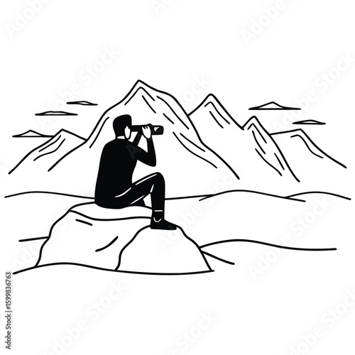 Man sitting on rock looking through binoculars at mountain landscape