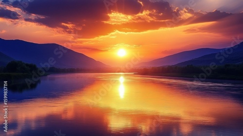 Vibrant sunset over a calm river reflecting the fiery sky and silhouetted mountains, creating a serene and colorful landscape
