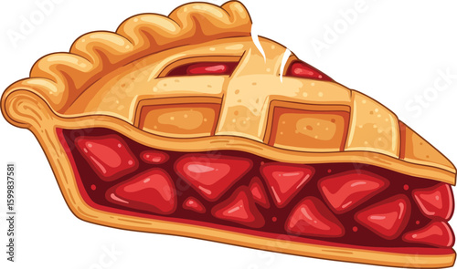 A delightful slice of steaming strawberry pie with a lattice crust, showcasing a tempting dessert illustration that evokes warmth and homemade goodness, perfect for food-related designs.