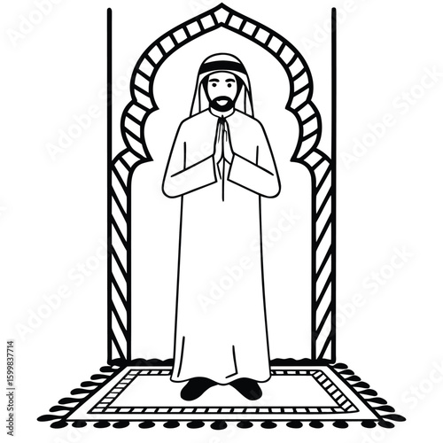 Muslim man in traditional clothing praying in an archway