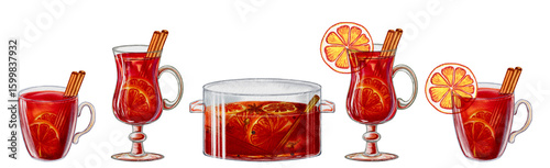 Mulled wines in a mug, glass and saucepan set of watercolor illustrations. Festive traditional drink Christmas on an isolated background. New Year's hot for fair drink.