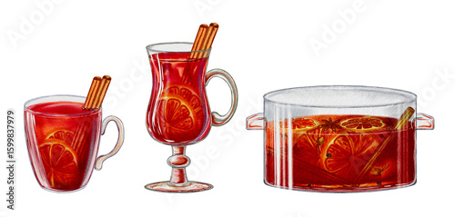 Mulled wines in a mug, glass and saucepan set of watercolor illustrations. Festive traditional drink Christmas on an isolated background. New Year's hot for fair drink.