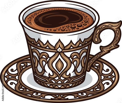 A steaming cup of dark coffee sits elegantly on a decorative saucer, showcasing intricate ornamental designs and a classic coffeehouse aesthetic, perfect for beverage enthusiasts.