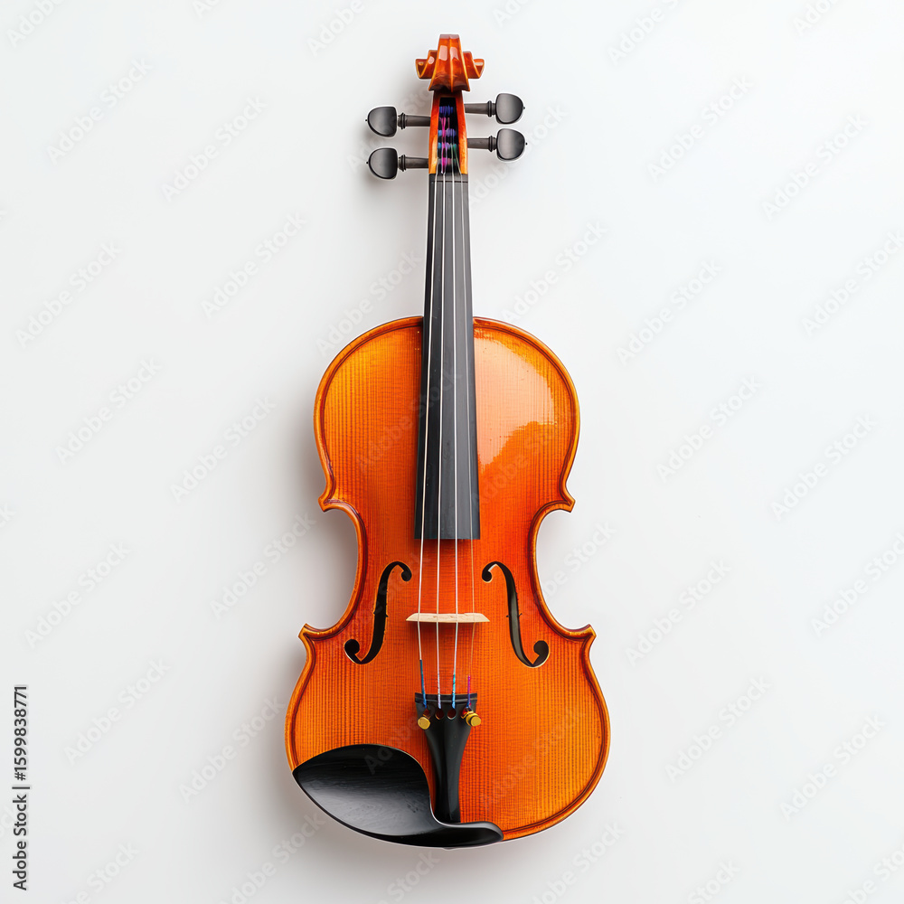 Fototapeta premium Close up of traditional violin with finely carved body, polished wood finish, and intricate details, showcasing its elegance and craftsmanship