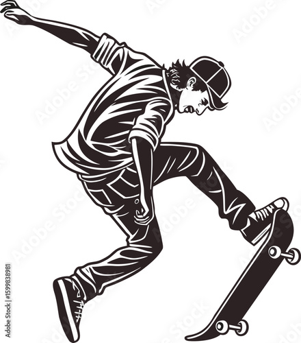 Dynamic Skateboarder Illustration: Black and White Graphic Design