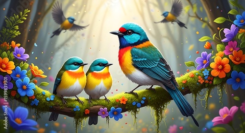 Vibrant Rainbow Birds Family on Mossy Branch with Colorful Flowers, Whimsical Digital Painting, Springtime Joy