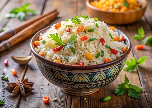 Delicious indian biryani rice dish with vegetables and spices