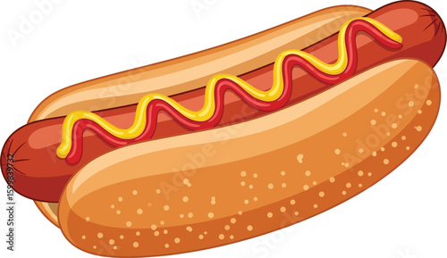 A delicious cartoon hotdog with mustard and ketchup is ready to eat, showcasing a classic American fast food meal with vibrant colors and a playful design for food illustrations.