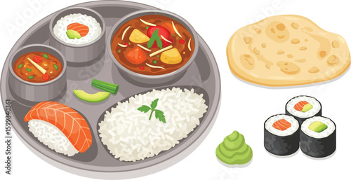 A delightful cartoon depiction showcases a thali plate filled with rice, curry, sushi, and naan bread, offering a vibrant and appetizing glimpse into diverse culinary delights.