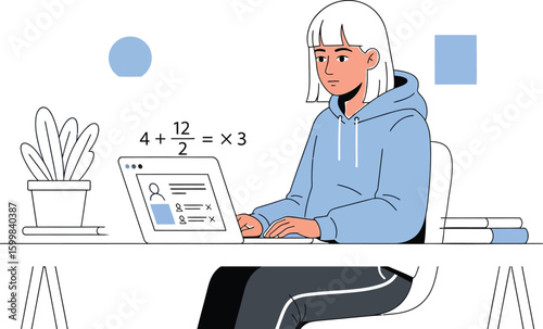 Girl studies math online with a laptop at desk