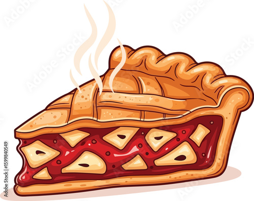 A delightful slice of steaming apple pie with a lattice crust showcases a tempting dessert, perfect for culinary illustrations and food-related designs with a cartoon style.