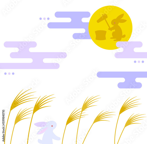 十五夜の満月で餅つきするうさぎ　お月見のイラスト