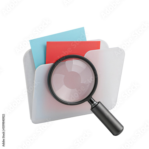 Conceptual image of a magnifying glass over a digital file folder on a transparent setting for