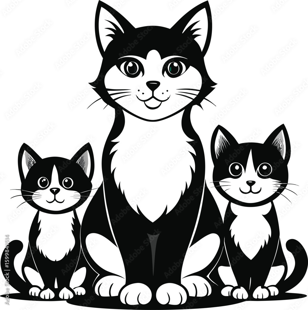 Fototapeta premium A cute set of domestic black and white cat animal illustrations