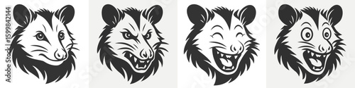 Opossum face.  Set of vector images with different emotions - kindness, anger, laughter, surprise. Collection of black and white bold sharp opossum logo for gaming, branding or mascot.