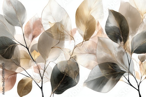 Abstract Floral Leaves Design In Brown Beige Gray Gold Colors