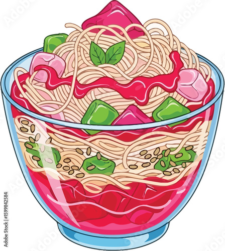 A delightful bowl of cartoon spaghetti with pink sauce, green vegetables, and basil leaves creates a whimsical and appetizing food illustration perfect for culinary designs.