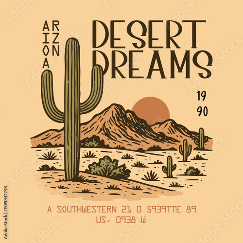 Arizona desert Graphics art print for fashion and clothing. natural desert hand drawing sketch. t-shirt sweatshirt all apparel clothing design graphic. fashion graphic design or poster design