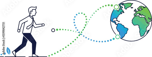 A stylized illustration shows a businessman walking towards a globe, connected by dotted lines, symbolizing global business, international connections, and worldwide reach.